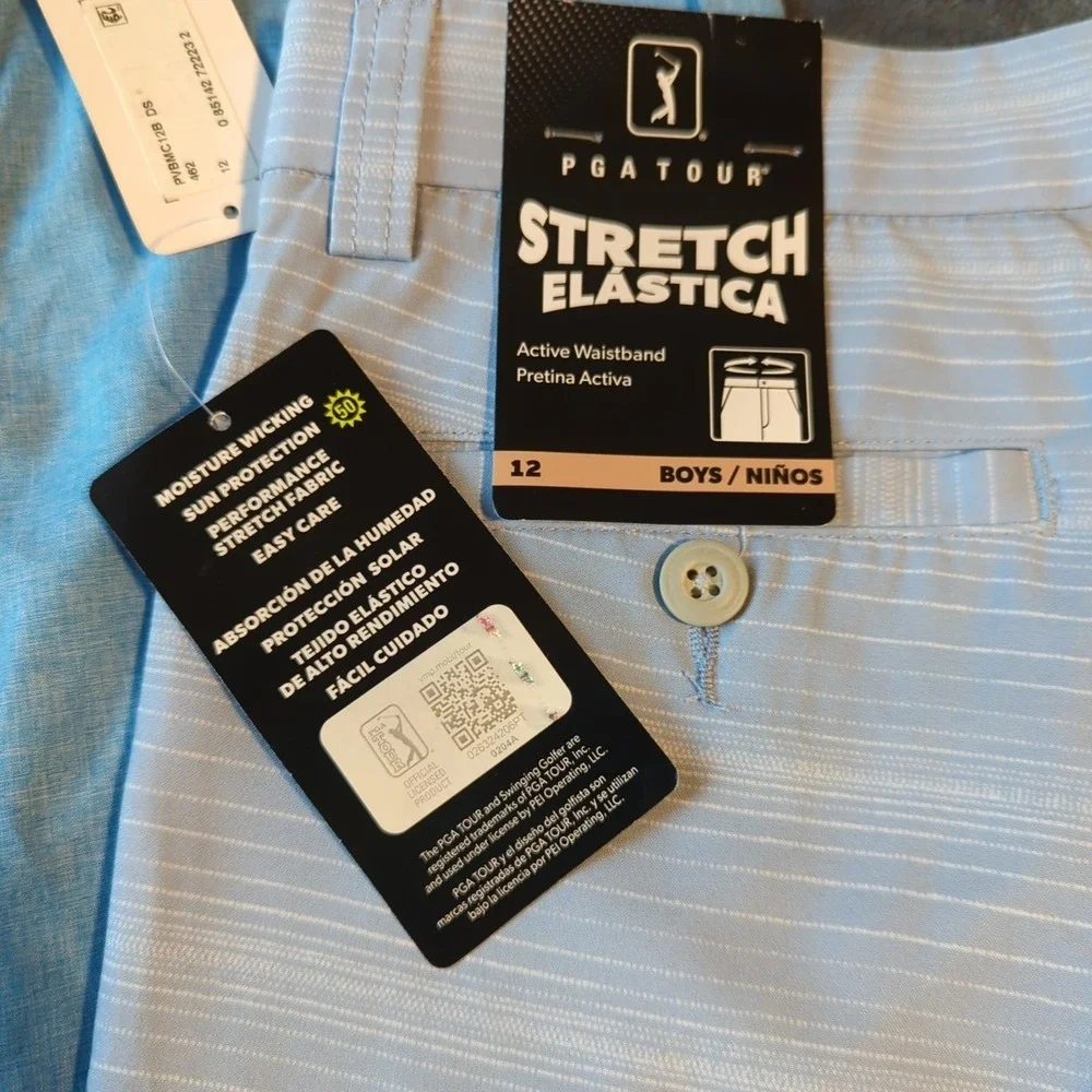 2 Boys PGA Tour Flat Front Golf Shorts Size 12, Blue & Stripe NEW MSRP $72